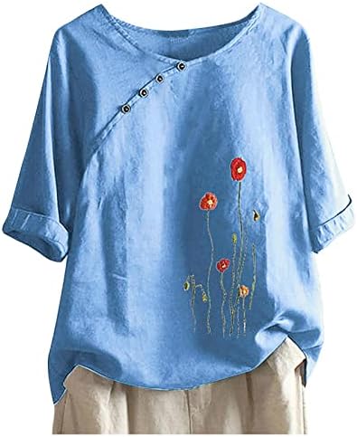 Womenените врвови и блузи плус врвови со големина за жени Симпатична цветна печатена графичка маичка со ленени бохо гроздобер блуза кошула