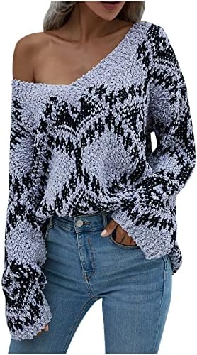 Женски пулвер џемпер нејасен плетен пуканки со долг ракав V-вратен вратен бучен скокач врвови есен зимски тинејџерски џемпери џемпери