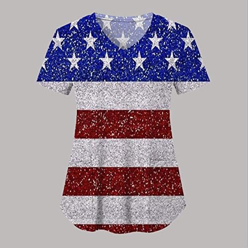 4 јули Маица За Жени Американско Знаме Летни Маици Со Кратки Ракави В-Врат со 2 Џебови Блузи Празнична Секојдневна Работна Облека