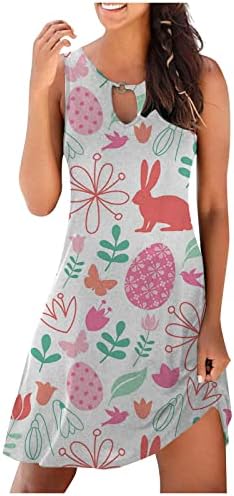 Lcepcy жени симпатична зајаче јајца цветни принтрики кратки мини фустан летен резервоар без ракави клуч за клучеви за лебава лабава маичка
