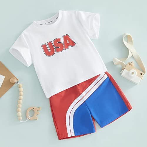 Сет за шорцеви за Денот на независноста на бебето, маица со кратки ракави со букви, маица за вратот + еластични шорцеви на