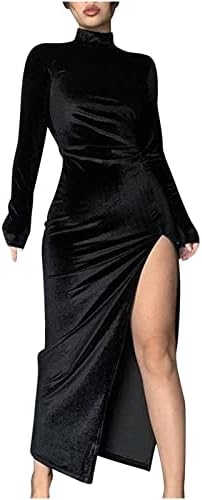 Womenените со висок врат долг фустан женски долг ракав кадифена плетиран фустан со каросерија тенок наметка коктел забава макси