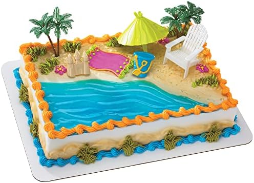 Декосет® Стол за Плажа И Чадор Тропска Декорација На Торта На Плажа, 6 Парче Торта За Торта, Палми, Лежалка, Чадор За Плажа,