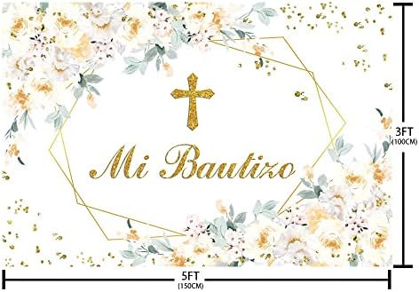 AIBIIN 5x3ft Mi Bautizo Позадина Мексикански Крштевање Партија Украси Бог Да Ја Благослови Девојката Прва Света Причест Банер Жолт Цвет Позадина