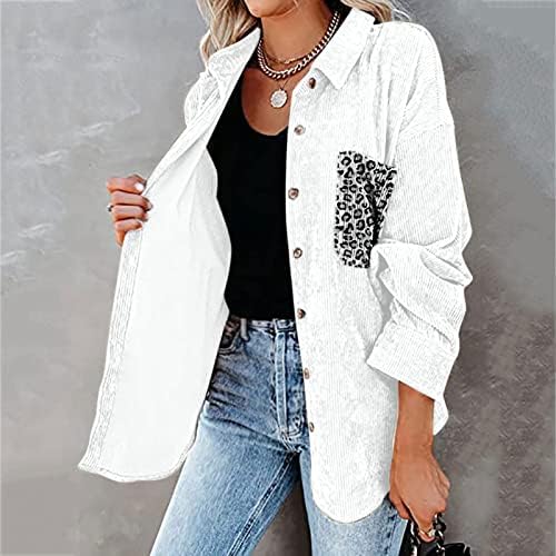 Lmsxct Преголемо копче надолу кошули за жени Кордурој леопард џеб јакна со долги ракави кошули врвови паѓаат облека