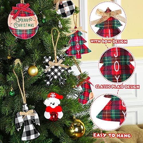 12 парчиња елка за елки биволи карирани украси, украси од фарма куќа, поставени рустикални Божиќ виси украси, снегулки во форма на bellвонче