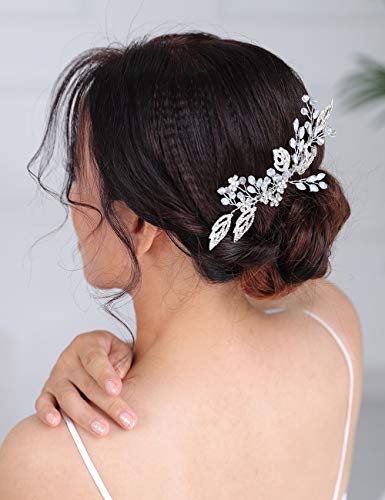 Деферија сребрен лист невестински чешел за коса Кристал свадбена коса клип Опал rhinestone Свадба додатоци за коса за жени и девојчиња
