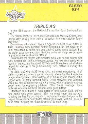 1989 Флеер Бејзбол 634 Хозе Кансеко/Тери Штајнбах/Марк Мекгвир Оукланд Атлетика Трипл А официјална трговска картичка МЛБ од Флеер Корп.
