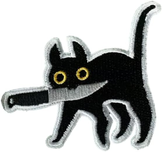 Мачка со Нож, Смешна Симпатична Црна Мачка Мем Лепенка - Железо На/Шие - Симпатична Апликација За Јакни, Фармерки, Капи, Облека,
