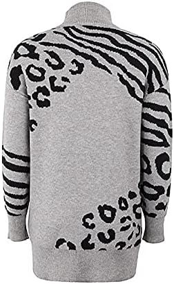 Џемперите за жени паѓаат трендовски леопард печати долг ракав за ракав плетен пулвер, обичен лабав зимски џемпер врвови