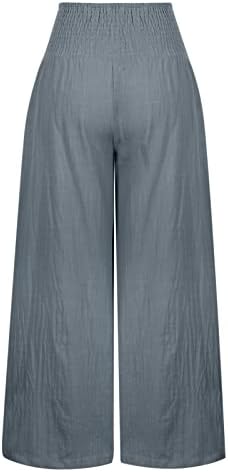 Женски памучни постелнина широки панталони со нозе широки панталони со нозе Еластична половината салон Палацо пан -обични џемпери