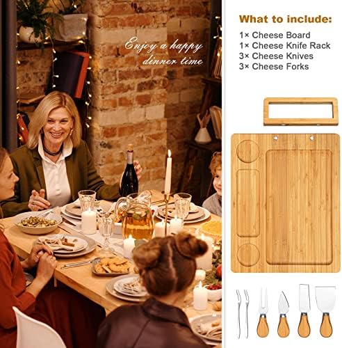 Сет на табла за сирење Xergur Bamboo - табли со charcuterie и послужавник за месо, фиока за сирење со 4 ножеви од не'рѓосувачки челик,