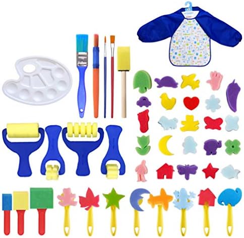 Започнете со алатки за сликање за деца 46 парчиња забавни четки за боја, сунѓер четка цветна шема четка со долги ракави водоотпорни престилка