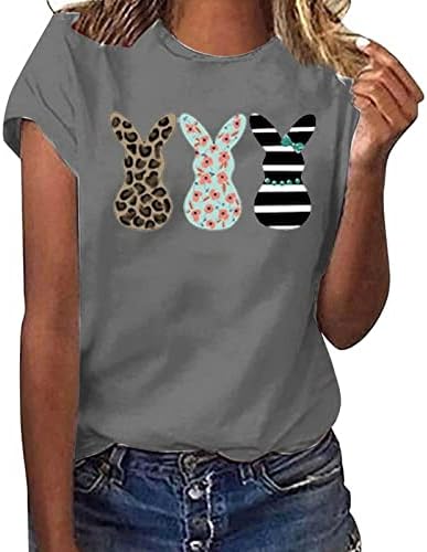 Симпатична зајак печатени врвови за жени обични летни летни маици за велигденски ден кратки ракави околу вратот лабава маица фустани блузи