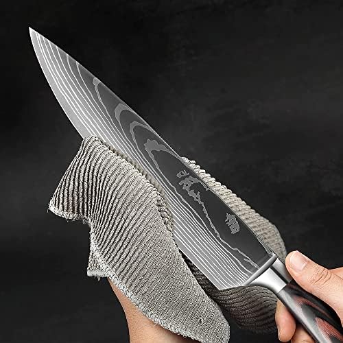 Сенкен 8 -парчен премија јапонски кујнски нож поставен со ласерска шема Дамаск - Империјална колекција - Нож на готвачот, нож Сантоку, нож за