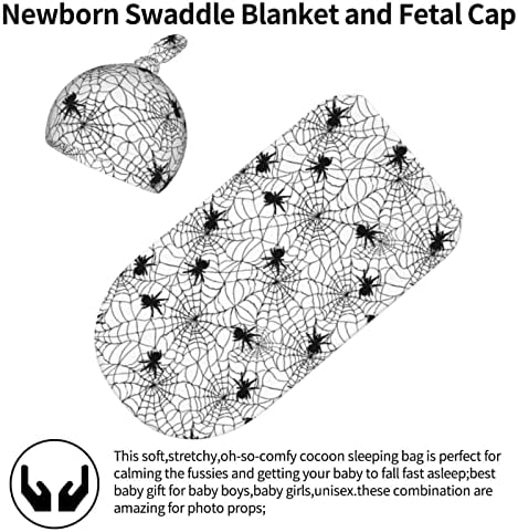 Ykklima бебе новородено ќебе со beanie hat- Ноќта на вештерките пајак црно-бело пајакот на пајакот што прима ќебе вреќа за спиење