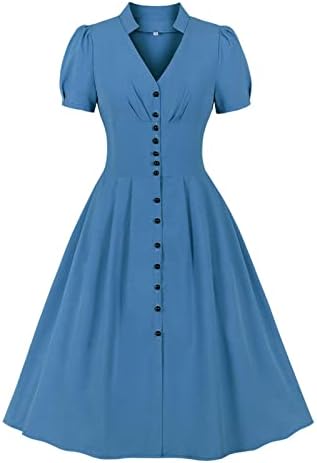 Cocktенски коктел забавен фустан со кратки ракави 1950 година, ретро замав фустан јака V вратот копче гроздобер миди фустани