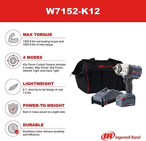Ingersoll Rand W7152-K12 1/2 клуч за безжичен удар и 1 комплет за батерии, 4 режими на напојување, мотор без четки, вртежен момент