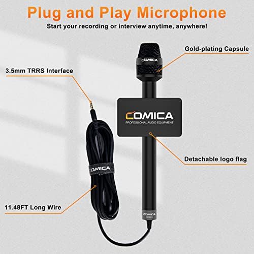 Микрофон за интервју со комика, HRM-S 3,5 mm TRRS Cardioid кондензатор на репортер микрофон за снимање, говор, сцена, вокален микрофон за лаптопи за паметни телефони и камери DSL