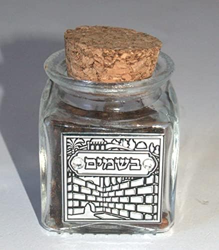 Judaica havdalah стаклена зачин Бесамим носител кутија со метална плоча Ерусалим