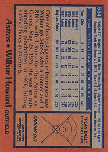 1978 Топпс 534 Вилбур Хауард Хјустон Астрос МЛБ Бејзбол картичка НМ во близина на нане