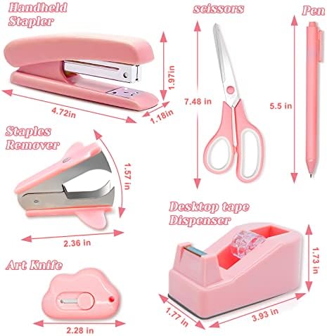 Розови канцелариски материјали, додатоци за розови биро, диспензерот за спојување и лента за жени со степлер, диспензерот за