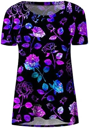 Женски 2023 летни обични маици со тркалезен врат Кратки ракави врвови печати лабава удобна блуза лесна слатка слатки тимови