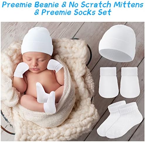 Hercicic 4 Pack Preemie Hat and Mittens Поставете прееми beanie no гребнатини предмии бебешки белезници предмии болнички капаци памук предмемска капа и метеј сет за девојчиња од предем