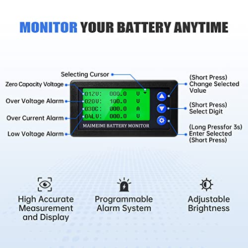 Maimeimi 200A Monitor Monitor & Hall Sensor со аларм, напон 10V-120V компатибилен со 12V/24V Li-Ion/LifePo4/AGM/гел батерија за возила