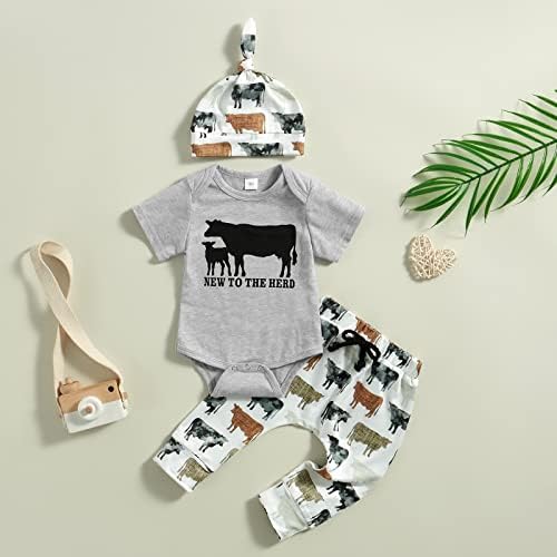 Облека за новороденчиња за момче ново за печатените панталони за печатење на крави на стада, капачиња од 3 парчиња, поставени западно доаѓање домашна