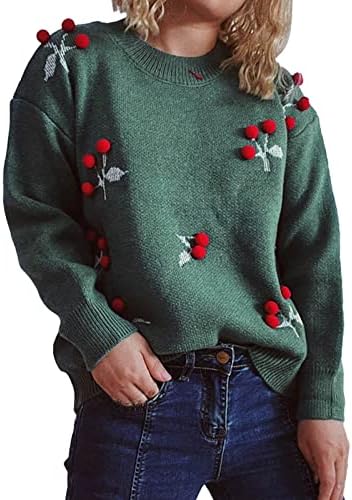 Muduh џемпери за жени зимски тркалезен врат со долг ракав меур цреша шема дневно патувајќи обичен џемпер