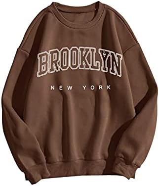 Missactiver жени обични Бруклин Newујорк Писма Графички џемпер екипа на екипажот капка рамено руно пулвер кошула врвови