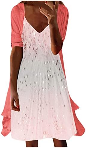 Обичен моден моден печатење со V-вратот со средна должина на камизола со две парчиња фустан