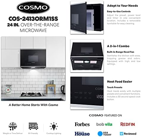 COSMO COS-2413ORM1SS над опсегот микробранова печка со вентилатор на вентилаторот, 1,34 кубни. капацитет на Ft., 1000W, 24 инчи, црн / не'рѓосувачки челик