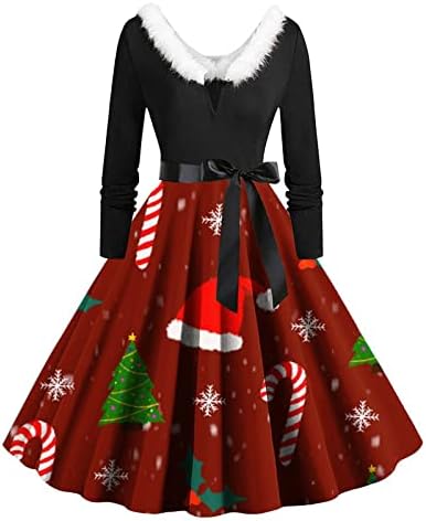Женски Божиќни фустани 2022 Пуловер со долги ракави со долги ракави со долги ракави Обичен печатен врат обвивка Хепберн фустан