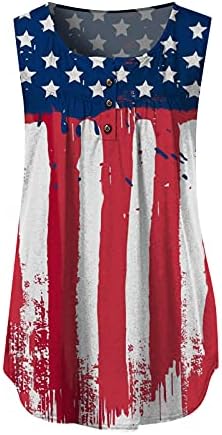 LCEPCY летни врвови на туника за жени американско знаме печатена маичка со копче V вратот, без ракави, резервоари без ракави, трендовски блузи