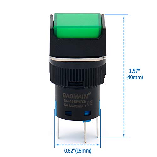 Baomain 5/8 16мм прекинувач за копче за притискање Моментно квадратно капаче LED ламба зелена светлина DC 12V SPDT 5 PIN 5 PACK