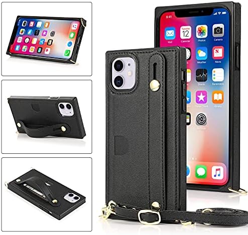 Defbsc Lanyard iPhone 11 Case со лента за прсти, PU Kickstand Case со прилагодлива лента за вкрстување, лента за прсти и покривка за