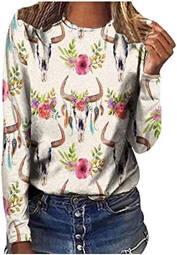 Женски гроздобер кошули за печатење Симпатични графички долги ракави џемпери на екипажот на екипажот на врвовите на лабава обична блуза влечка