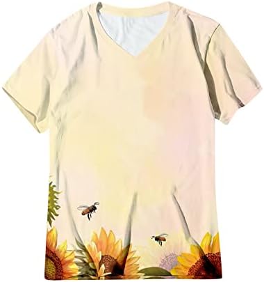 Женски врвови фустани случајни, цветни печати со кратки ракави со вратот плус модни кошули слатки маици за жени