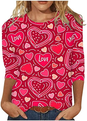 Денот на в Valentубените кошули за жени обични слатки loveубовни срцеви графички графички трендовски 3/4 ракави врвови лесни блузи