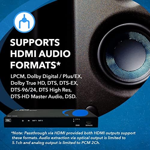 OREI 8K HDMI Splitter 1 x 2, дупликат со аудио екстрактор Ultrahd поддржува до 4K @ 120Hz IR EDID HDCP 2.3 -