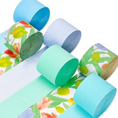 PartyWoo Crepe Paper Streamers 6 Rolls 492ft, Пакет лале и пастелна боја, украси за венчавки, украси за туширање за бебиња, сина зелена-9512