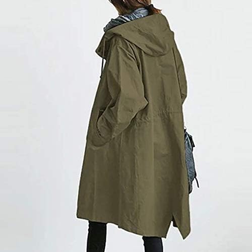 Womenените плус копче со големина надолу со долги ровови со палто, обичен качулка со ветерници отворена предна лесна јакна за дожд со