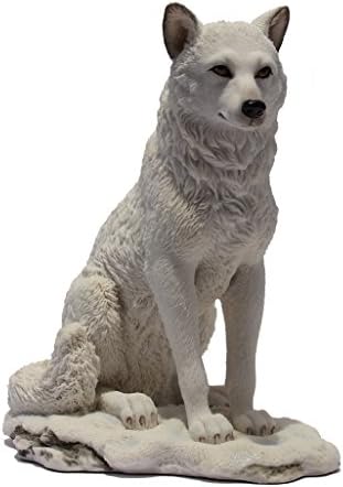 7,75 инчи волк што седи во снежна декоративна статуа фигура, бела
