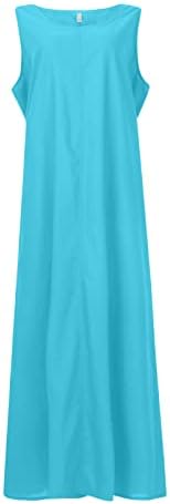 Женски обичен лабав летен летен долг фустан без ракави разделување на плажа макси фустани хавајски плажа маички фустан со џебови