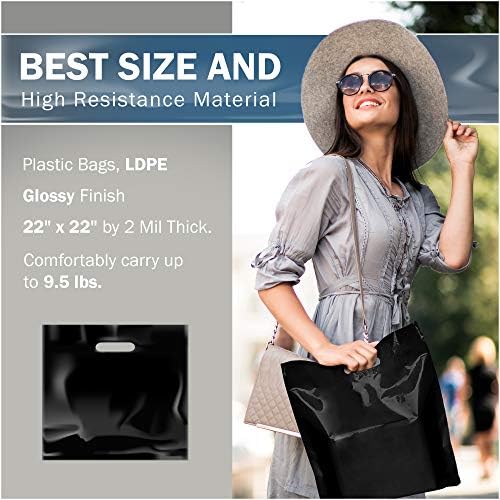 Дополнителни големи торби за црна стока - Пластични сјајни совршени за малопродажба - 100 пакувања 22 x 22 x 2 мил дебела - рачки за