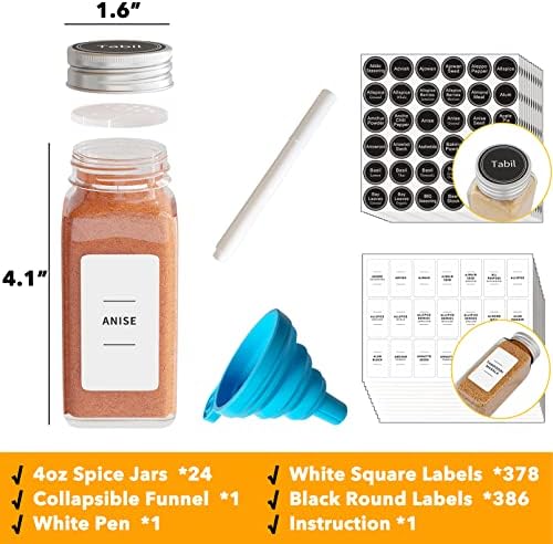 Spaceaid 24 парчиња зачини со етикети, празни шишиња со зачини од 4oz стакло, минималистички налепници за етикети со зачини со