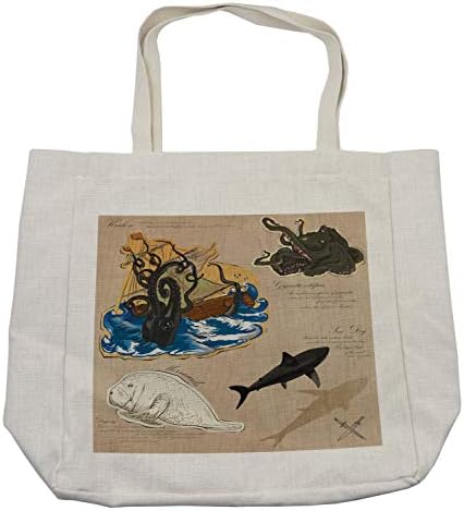 Амбесон-мистична торба за шопинг, морски чудовишта суштества колаж kraken октопод морско куче митски животни дизајн, еко-пријателска