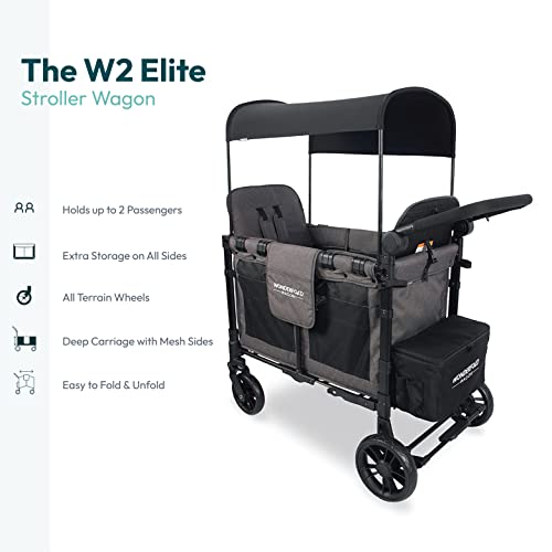 Wonderfold W2 елита двојно шетач вагон со 2 високи седишта лице-в-лице со ленти од 5 точки, прилагодлива рачка за притискање и крошна за прилагодување